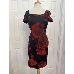 Escada Poppy Black Red Floral Square Neck Short Sleeve Sheath Dress‎ Size 36 M